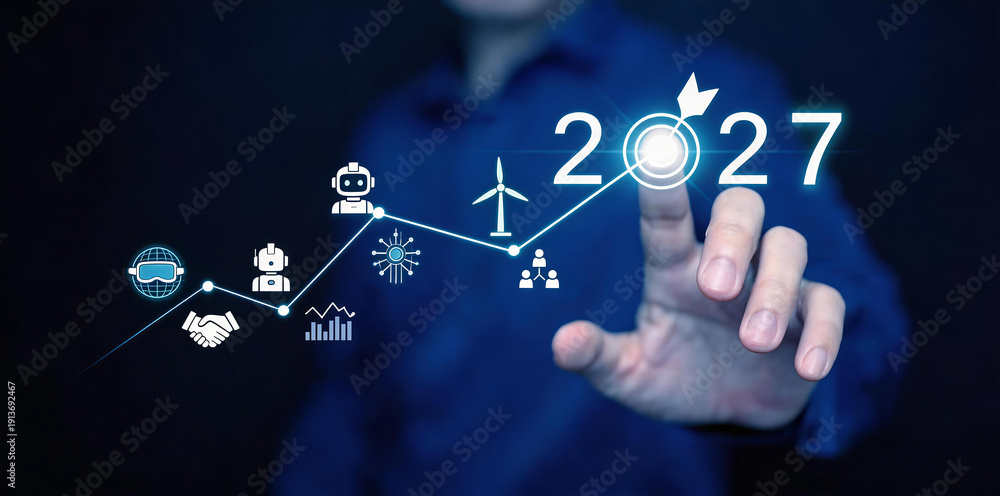 Naklejka premium Conceptual image of business technology 2027 future development with various icons symbolizing innovation, sustainability, and growth in different sectors.