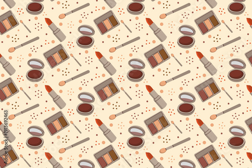 Makeup pattern vector illustration featuring lipsticks, brushes, blush, and eyeshadow palettes. A seamless design perfect for fashion and beauty projects, product backgrounds, or digital designs.
