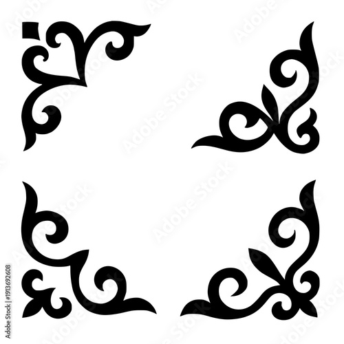Elegant black and white islamic decorative corner motifs with intricate swirl patterns