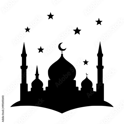 Iconic silhouette of a mosque with crescent moon and stars in the background