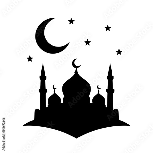 Elegant silhouette of beautiful mosque under a crescent moon and stars
