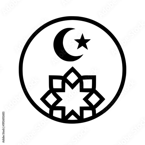 Geometric islamic design featuring crescent moon and star within a circular frame surrounded by floral patterns
