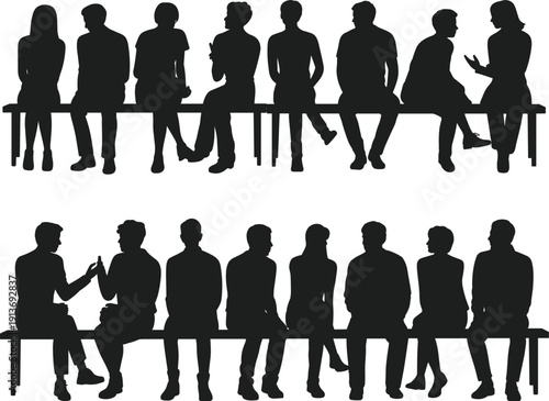 People sitting on bench silhouette collection, diverse men and women in conversation waiting pose flat vector illustration