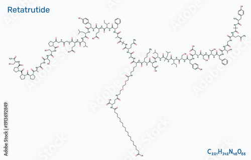 Retatrutide molecule. Protein molecular structure with alpha helix and ligand. Skeletal chemical formula. Vector illustration