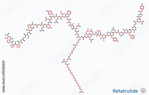 Retatrutide molecule. Protein molecular structure with alpha helix and ligand. Molecular model. Vector illustration