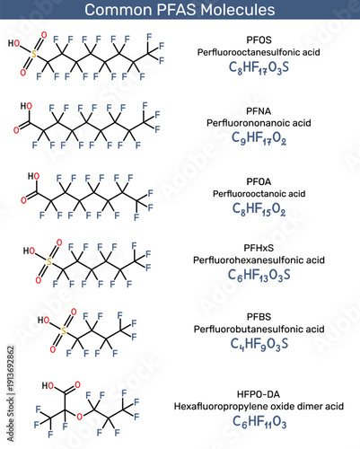 Common PFAS ( Per- and Polyfluoroalkyl Substances) molecules, including PFOS, PFOA, PFNA, PFHxS, PFBS, and HFPO-DA. Vector illustration