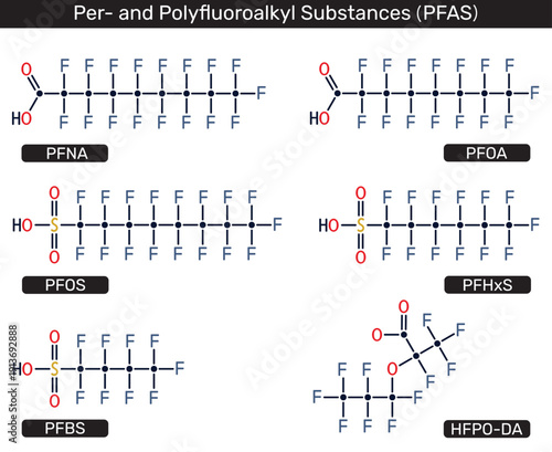PFAS ( Per- and Polyfluoroalkyl Substances) molecules, including PFOS, PFOA, PFNA, PFHxS, PFBS, and HFPO-DA. Vector illustration