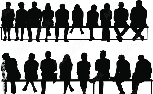 Group of people sitting on bench silhouette set, diverse men and women waiting concept flat vector illustration
