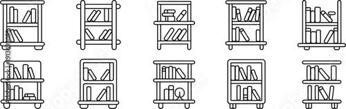 Bookshelf Icon Set Featuring Wooden Bookcases and Library Shelves with Organized Books for Interior Design Education Home Office Furniture Storage and Literature Study Concepts