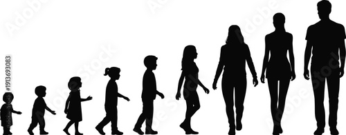 human, life, stages, silhouettes, walking, child, teenager, adult, senior, growth, evolution, timeline, people, black, isolated, white, background, set, vector, illustration