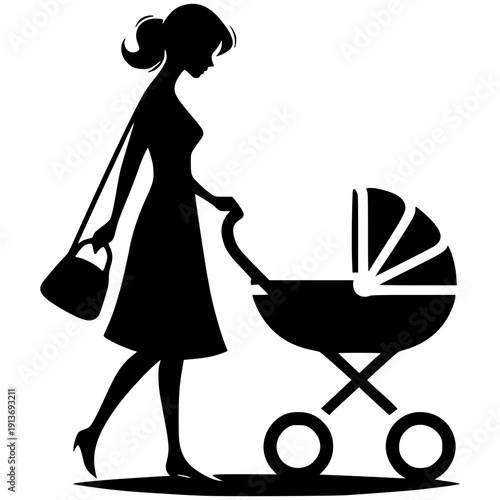 Mother's Day Silhouette: A silhouette portrays a mother strolling gracefully with a stroller, embodying the tender moments of motherhood.