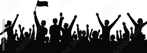 Cheering crowd silhouettes with flag, excited people raising hands in celebration, protest or festival audience concept, isolated black figures illustration banner design