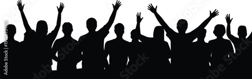 Cheering people silhouettes banner, happy crowd raising hands together, celebration and success concept illustration, social gathering background, isolated black figures design