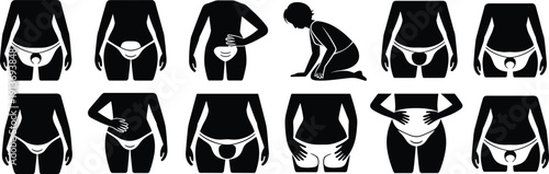 Medical Icon Set Featuring Female Silhouettes Experiencing Pelvic Pain Menstrual Cramps Period Discomfort Endometriosis and Reproductive Health Issues for Healthcare Education and Wellness Design