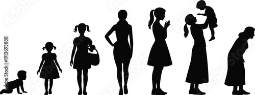 Motherhood life stages silhouette set, woman growth from baby girl to elderly mother holding child showing family journey, flat vector illustration