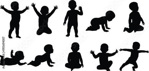 Collection of baby silhouettes in playful poses isolated on white background, crawling sitting standing black shadow infant figures set
