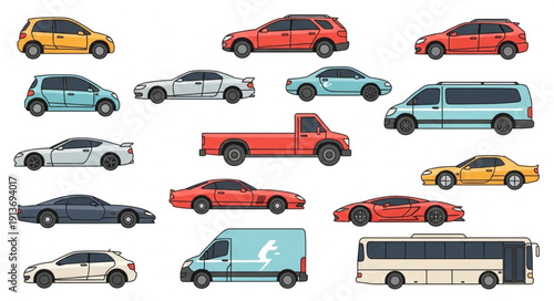 Collection of various modern vehicles and cars.