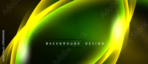 Abstract yellow, green wave design. Smooth gradients create dynamic visual effect. Dark background emphasizes bright colors.