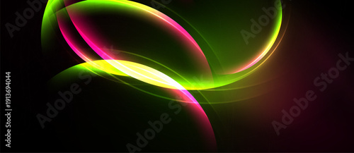 Abstract flowing shapes, vibrant colors. Pink, green, yellow curves create dynamic visual effect against black background. Smooth gradients present energy.