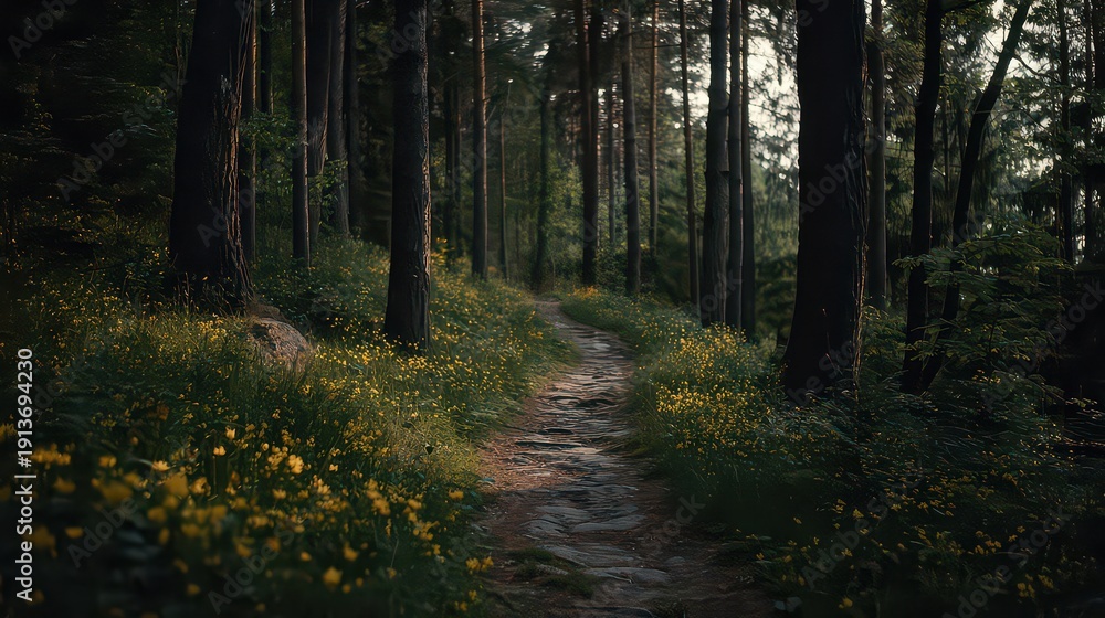 Fototapeta premium Sun Dappled Forest Path with Yellow Wildflowers Ground Level View in Woodland Setting with Sunlight Filtering Through Trees and Stone Pathway