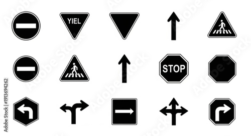 Collection of various black and white traffic signs and symbols.
