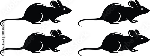 Black mouse silhouette icons set, rat animal vector graphics, rodent pest control symbols, cad drawing flat vector illustration, isolated white background.
