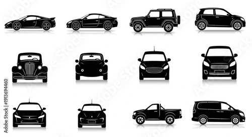 Collection of various car silhouettes in black and white.