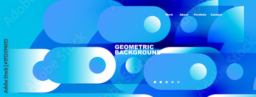Abstract blue geometric shapes create dynamic background. Text includes work, about, portfolio, contact options. Modern design elements present.