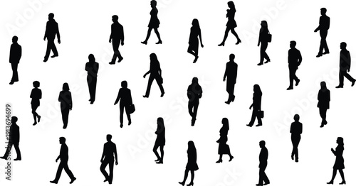 Collection of walking business people silhouettes isolated on white background, male and female professional full body black shadow figures set