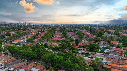 Photography Panoramic Aerial Drone view of Inner Western Suburbs of Sydney housing, roof top