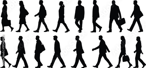 Collection of walking business people silhouettes isolated on white background, male and female professional full body black shadow figures set