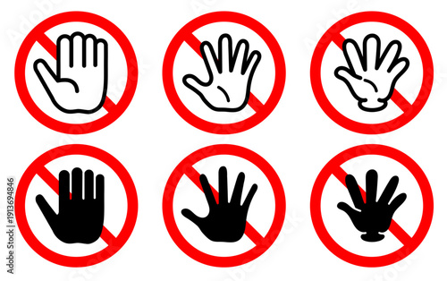 STOP Warning Sign Icons Set with Hand Gesture