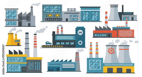 Collection of various industrial factory buildings with smokestacks.