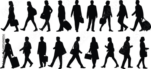 Collection of walking business travelers silhouettes isolated on white background, male and female professional black shadow figures set
