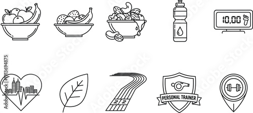 Fitness and personal training icon set featuring healthy fruit bowls, water bottle, running track, heart health, and gym workout symbols, cad drawing flat vector illustration