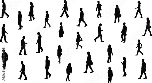 Collection of walking people silhouettes isolated on white background, male and female full body black shadow figures in motion set