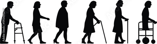 Elderly people walking silhouettes, senior men and women with walking aids, cane walker and rollator users, aging mobility concept isolated illustration set