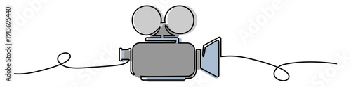 Editable continuous one line drawing filming camera vector for minimalist video designs. Ideal for modern cinema logos, vlog graphics, and sleek studio branding. Symbolizes fluid directing and art.