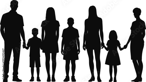 Family silhouettes collection, parents and children standing together holding hands, happy family concept illustration, isolated black figures, social relationship design element
