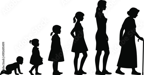 Female life stages silhouette from baby to elderly woman aging process human growth evolution isolated on white background