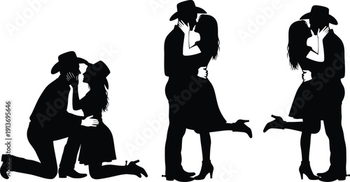 Romantic cowboy and cowgirl silhouette collection, western couple in love, country wedding proposal, farm life romance, and rustic wild west icons