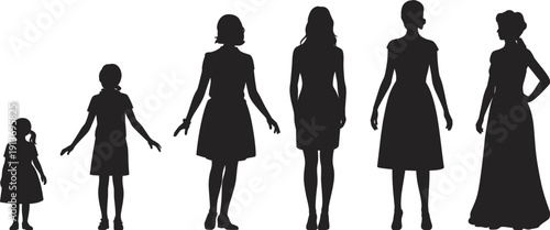 Female Growth Stages from Little Girl to Elegant Adult Woman Silhouettes, Human Development and Age Progression Concept, Isolated on White Background, flat vector illustration