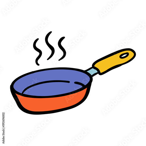 Cartoon doodle frying pan icon, flat vector style; use for cooking apps and recipes