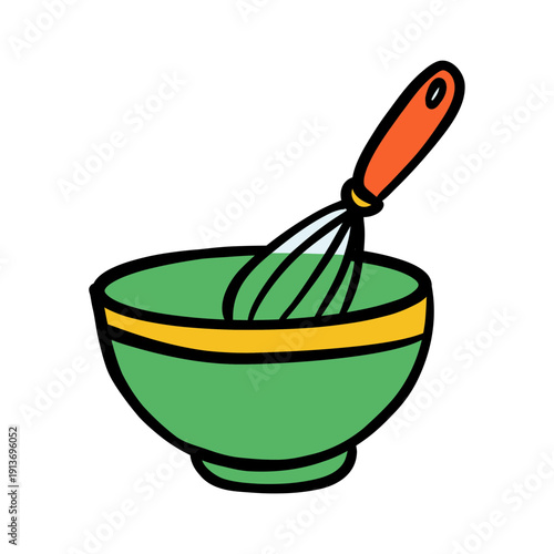 Cartoon vector mixing bowl with whisk – style: flat design, bold outlines; usecase: cooking, recipe, kitchen, culinary