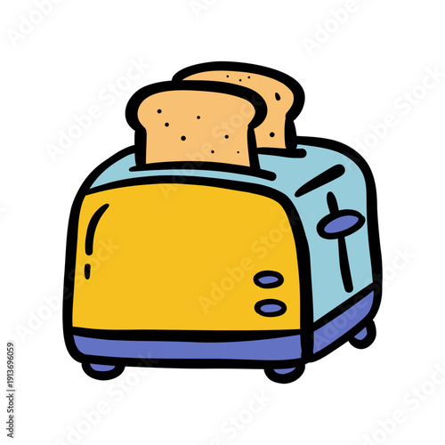 Flat vector cartoon toaster with bread slices - playful doodle style, no background, ideal for advertising, branding and kids' books