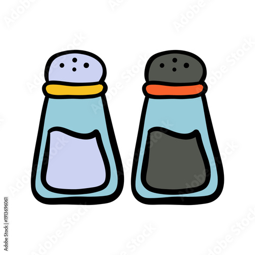 Doodle-style cartoon salt and pepper shakers illustration for cooking, kitchen decor and food blogs