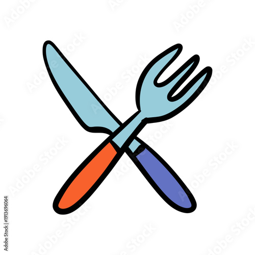 Flat design crossed knife and fork icon — colorful cartoon clipart for restaurant branding, menu design and food apps