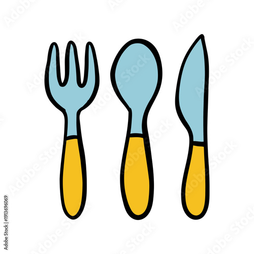 Cartoon vector illustration of a cutlery set (fork, spoon, knife) - kid-friendly educational use for children's menus and learning materials
