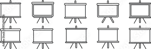 Presentation Screen Icon Set Featuring Blank Projector Tripod Boards For Business Meetings Educational Lectures Marketing Seminars Office Training Data Visualization And Corporate Classroom Communica