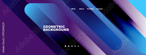 Abstract geometric background. Blue, purple gradients dominate design. Navigation links present work, about, portfolio, contact. Dots indicate sections.